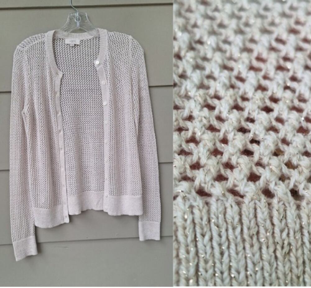 LOFT Open Knit Crochet Classic Cardigan Sweater Cream Oatmeal Gold Cotton Size S